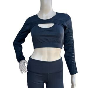 New Seamless Black Long Sleeve Cut Out Stretch Hollow Out Women Cropped Top M